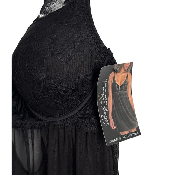 Marilyn Monroe Black Lace Mega Push-Up Sheer Babydoll Lingerie Size M - Picture 7 of 12